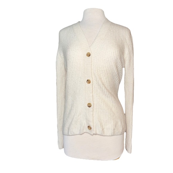 ATHLETA Ivory‎ Wool Blend Cream V Neck Cardigan Sweater Size M Ribbed - Picture 1 of 7